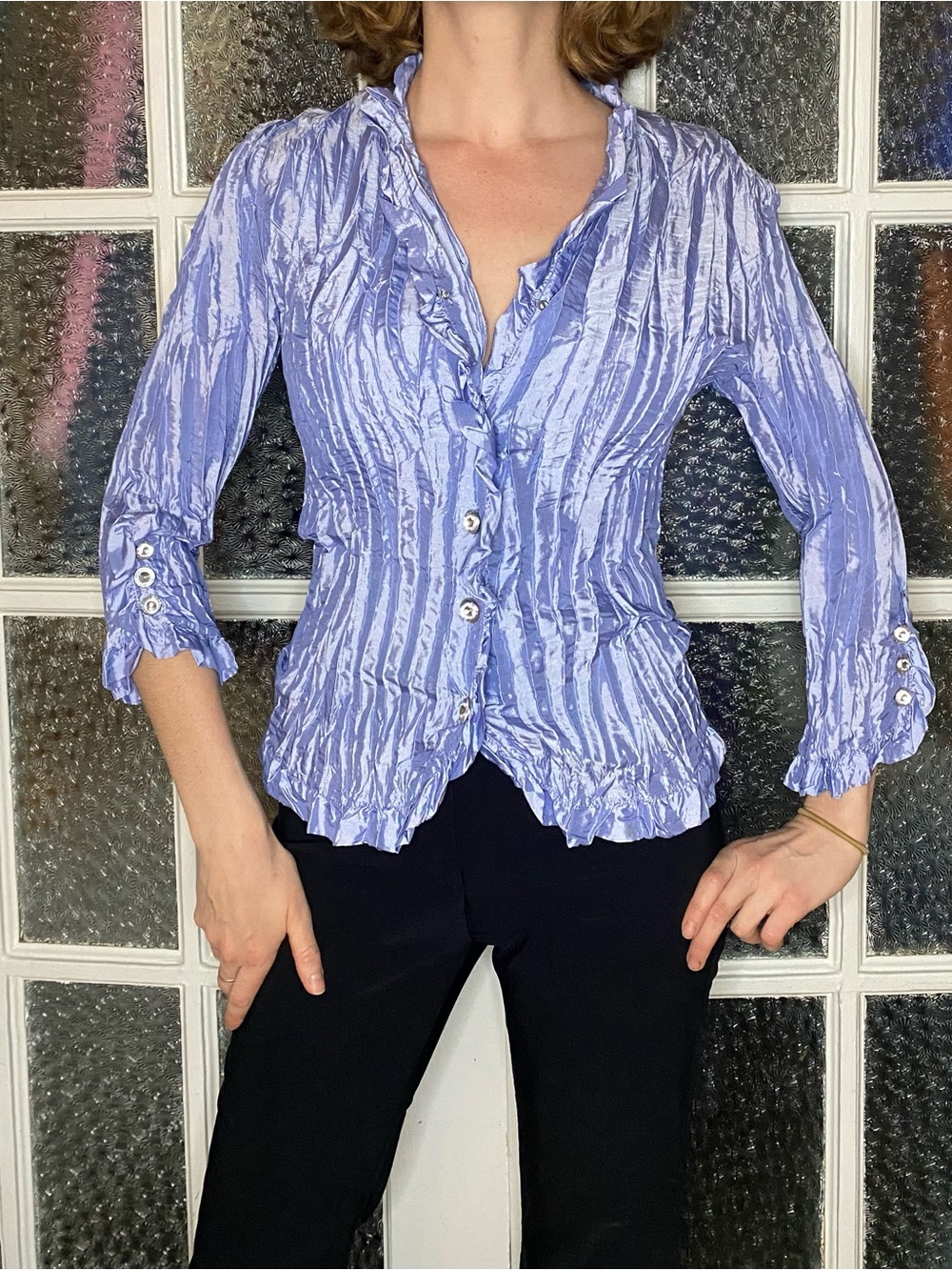 90s Piano Iridescent Lavender Crinkle Ruffle-Trim Button Blouse